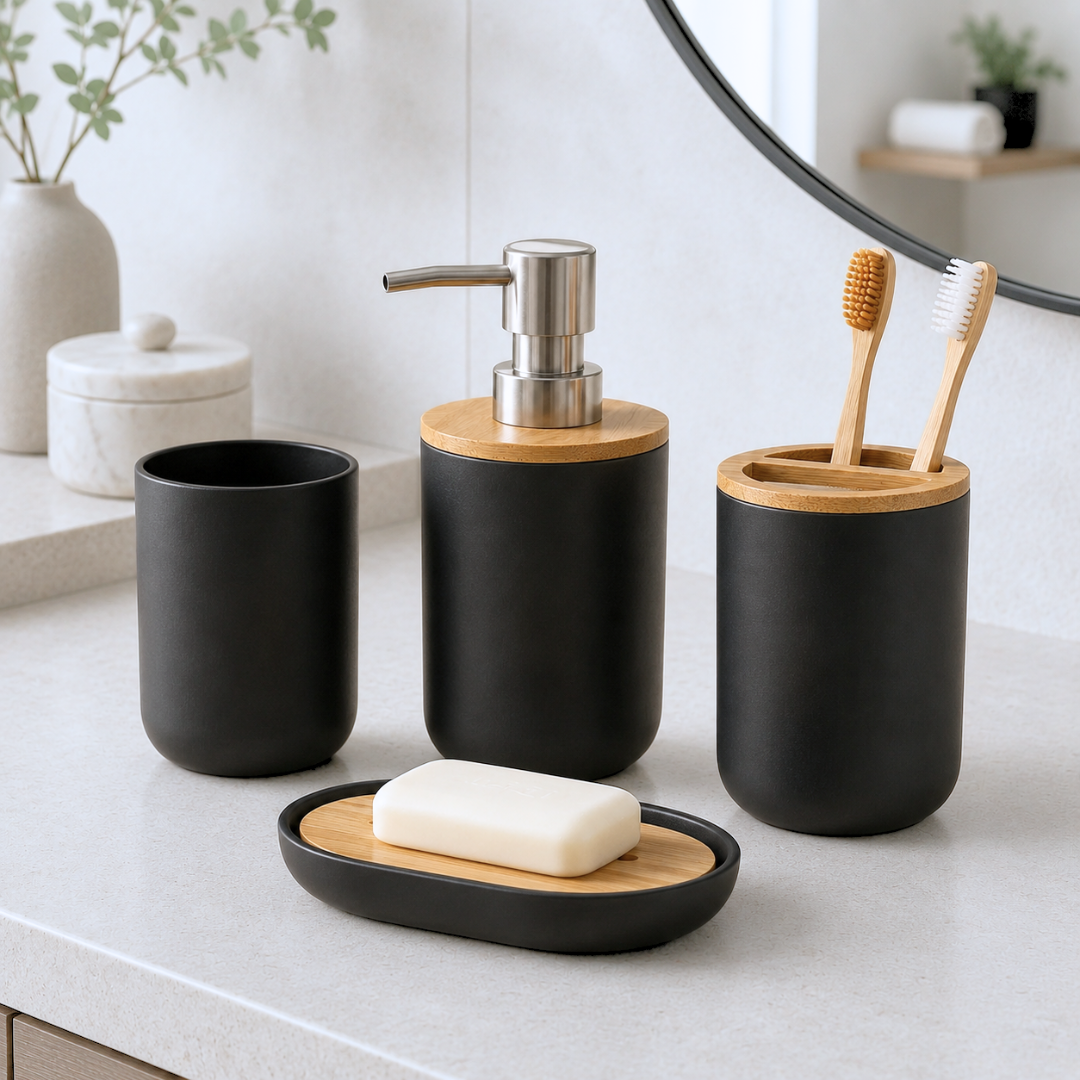 SET DE BAÑO 4 PIEZAS NEGRO Y BAMBU