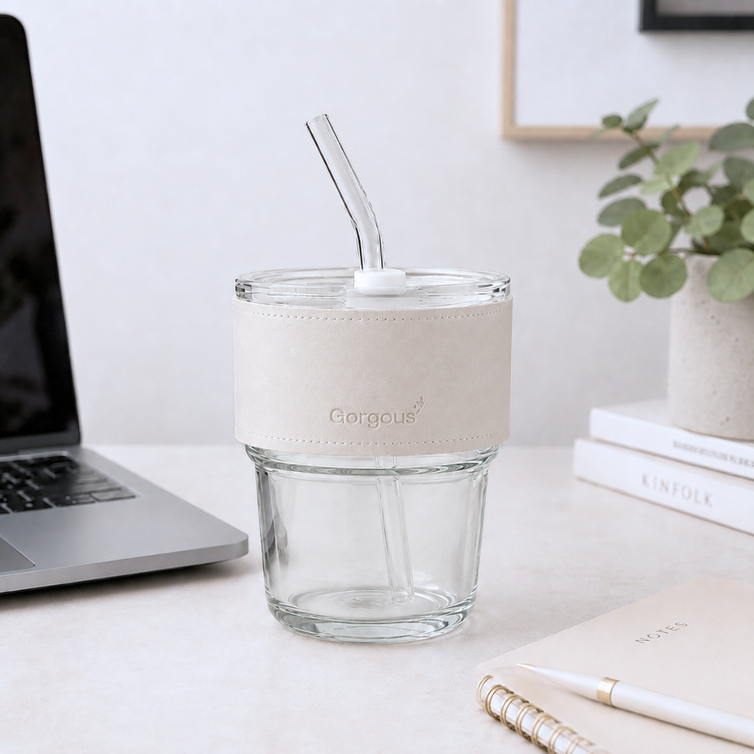 VASO DE VIDRIO CON BANDA Y SORBETE