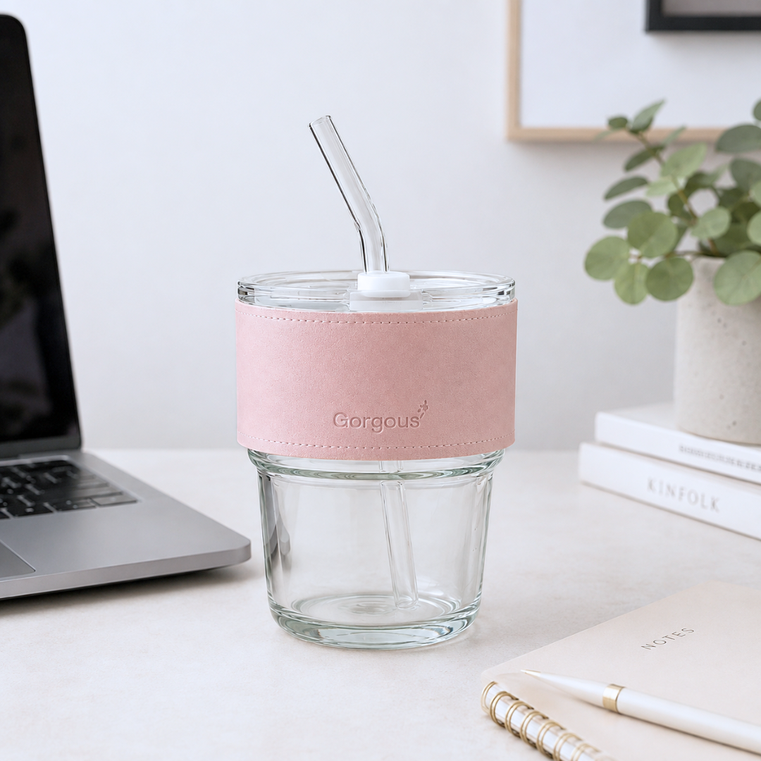 VASO DE VIDRIO CON BANDA Y SORBETE