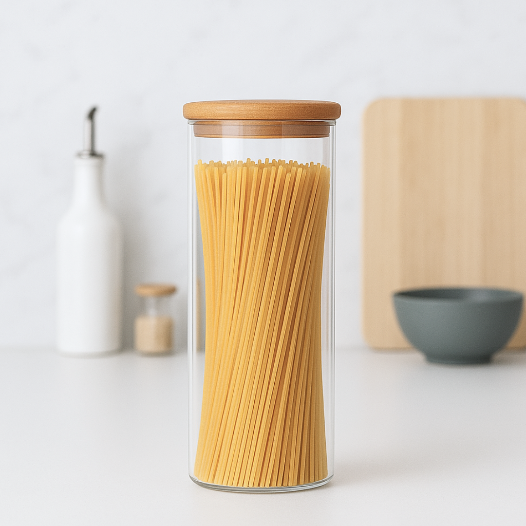 FRASCO DE VIDRIO LISO CON TAPA BAMBU 1300 CC
