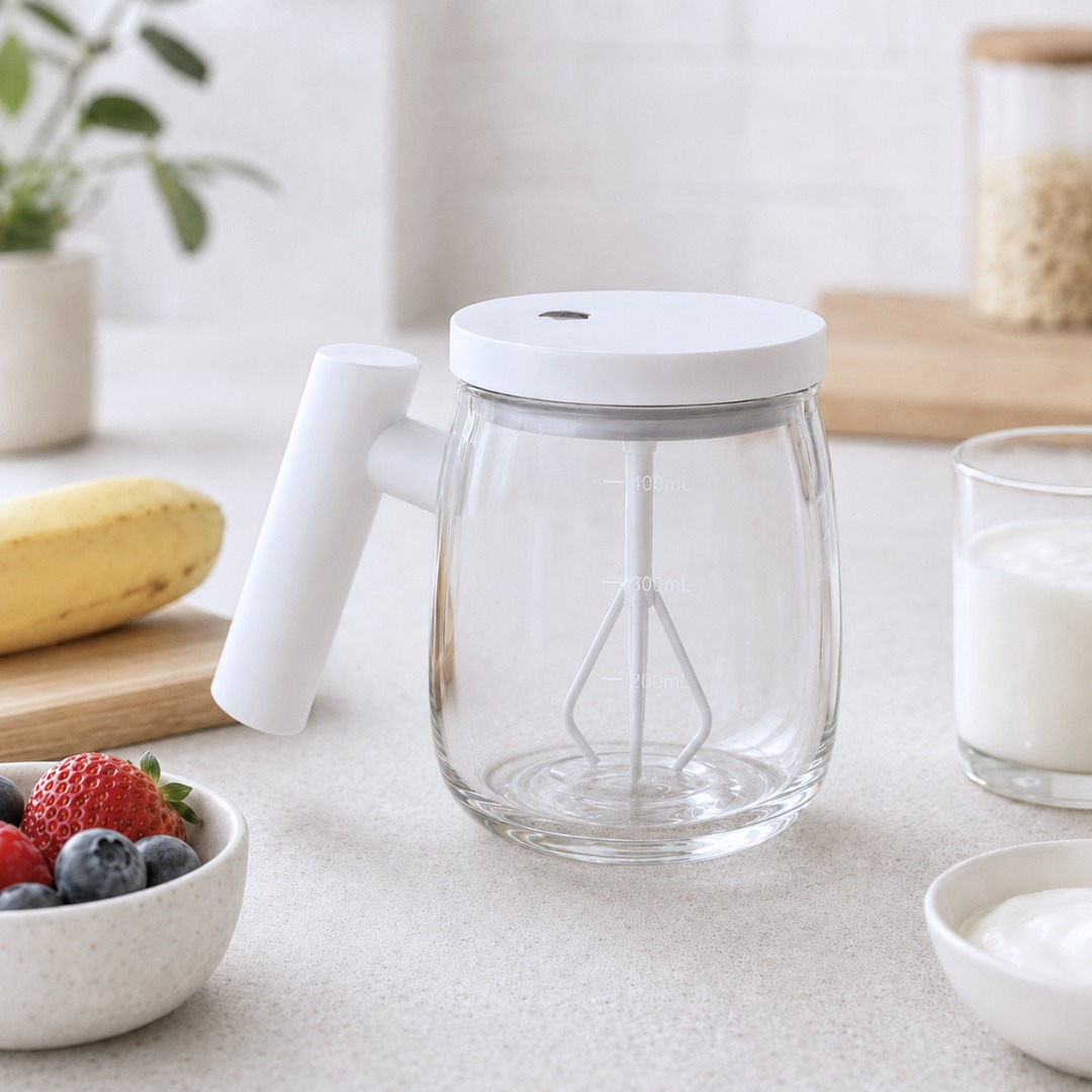 TAZA DE VIDRIO CON BATIDOR CABLE USB
