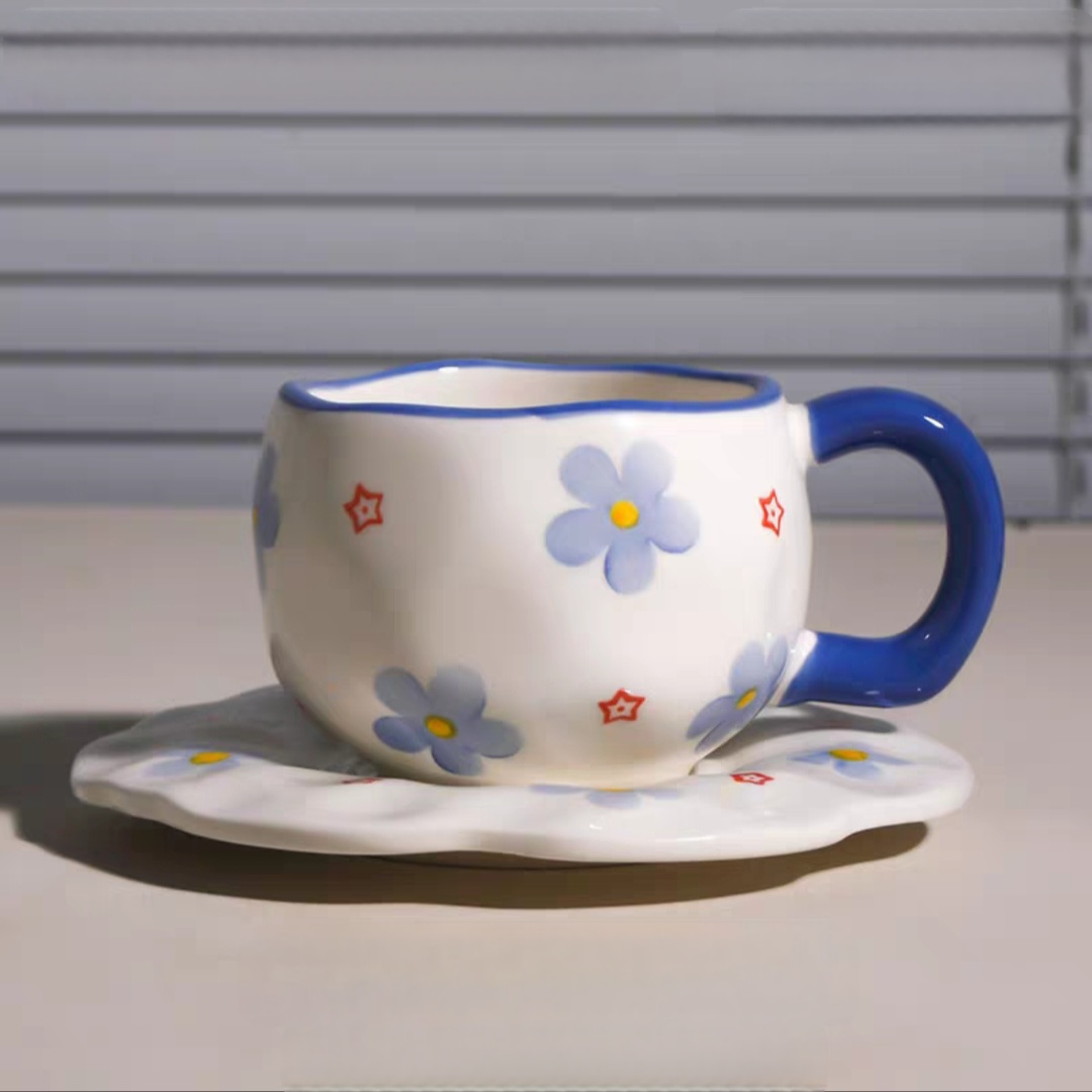 AA2057 TAZA CERAMICA CON PLATO CON FLORES CELESTE 2