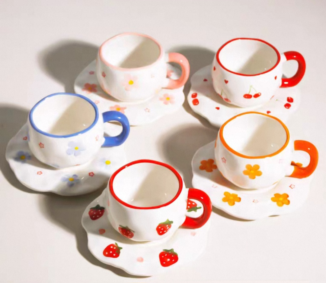 AA2057 TAZA CERAMICA CON PLATO CON FLORES CELESTE 4