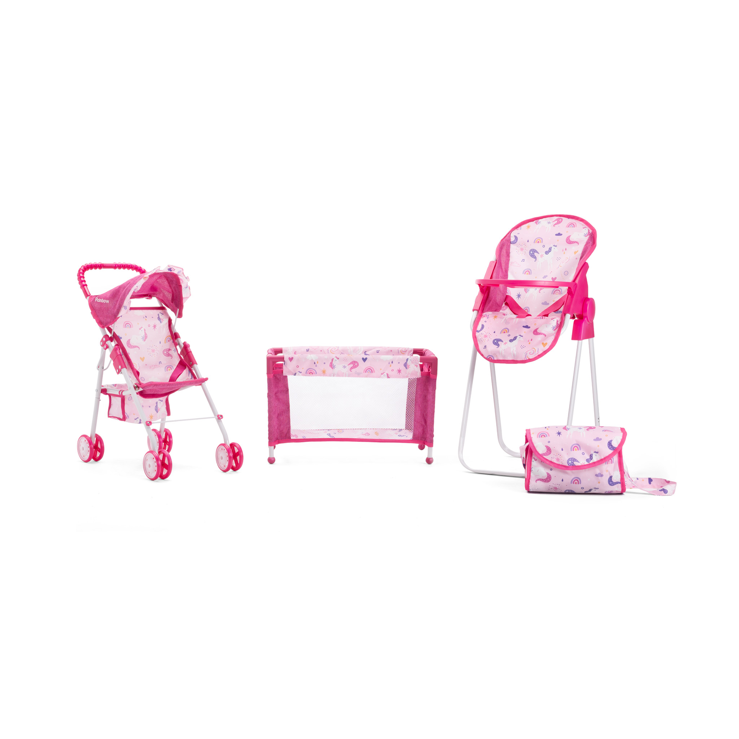 Set coche muñeca, cuna, silla de comer
