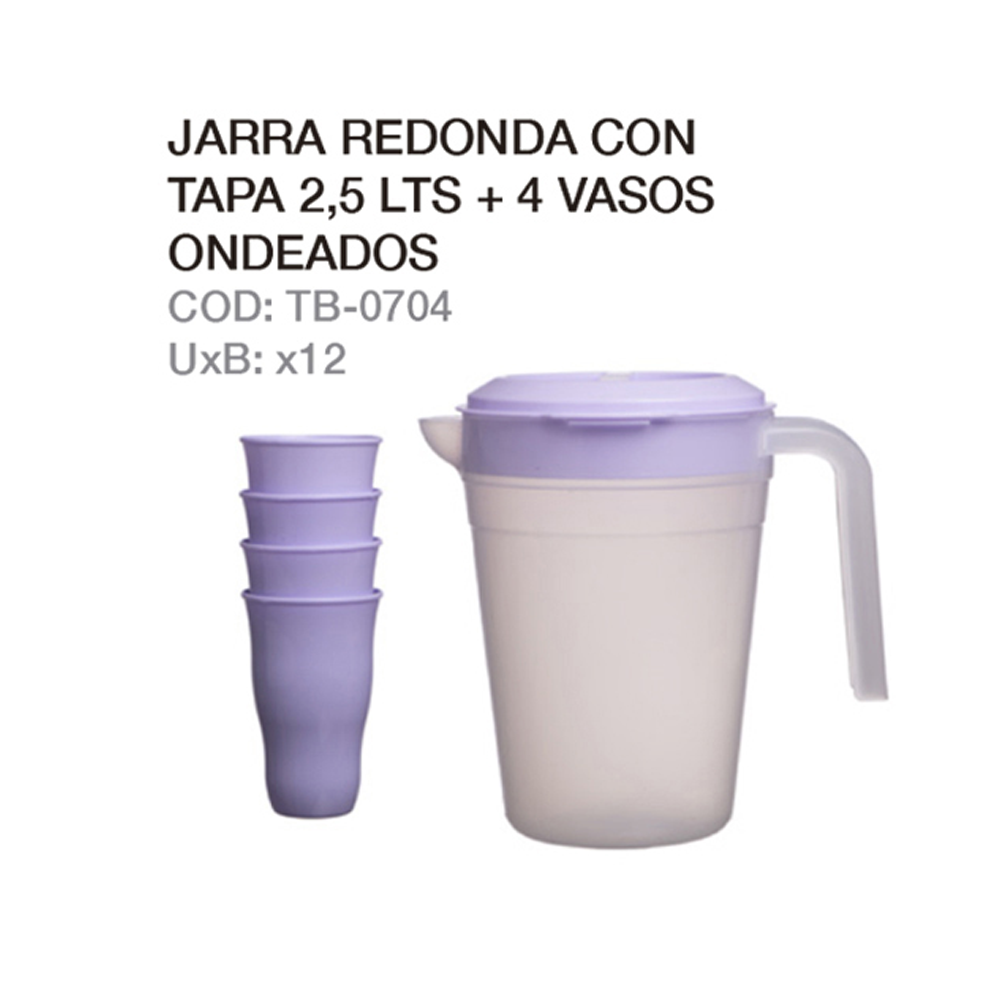 Jarra Redonda Con Tapa 2.5 Lts + 4 Vasos Ondeados