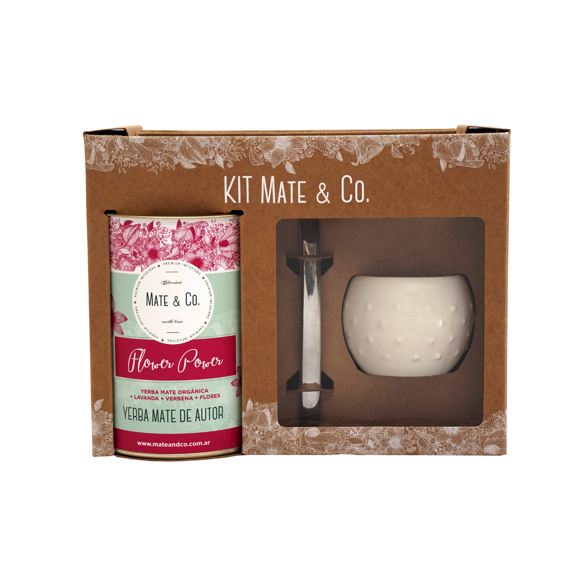 KIT MATE BLANCO CON BOMBILLA + YERBA MATE A ELECCION MATE & CO