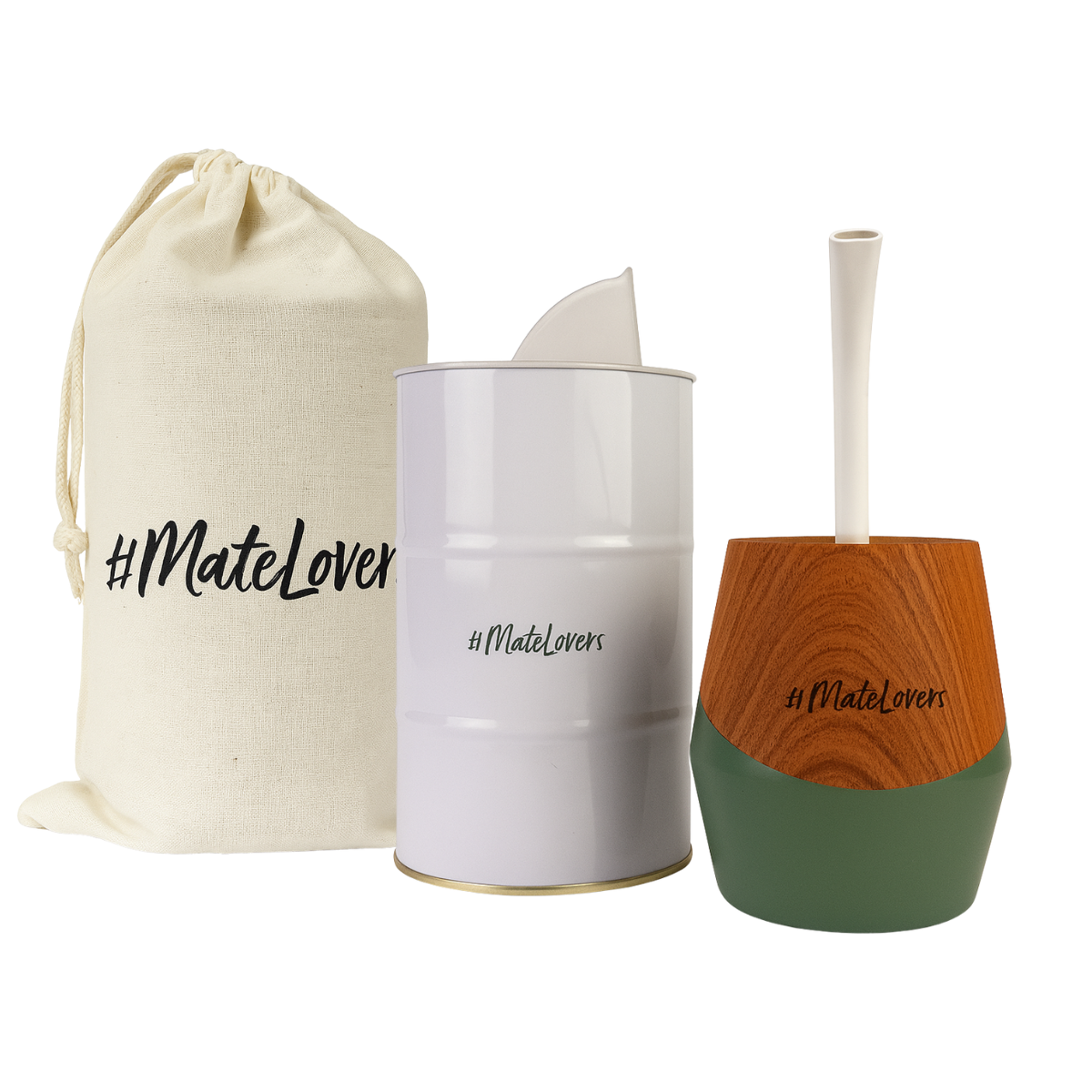 TRIO MATE AND CO - LATA CON PICO VERTEDOR, MATE CON BOMBILLA & BOLSA