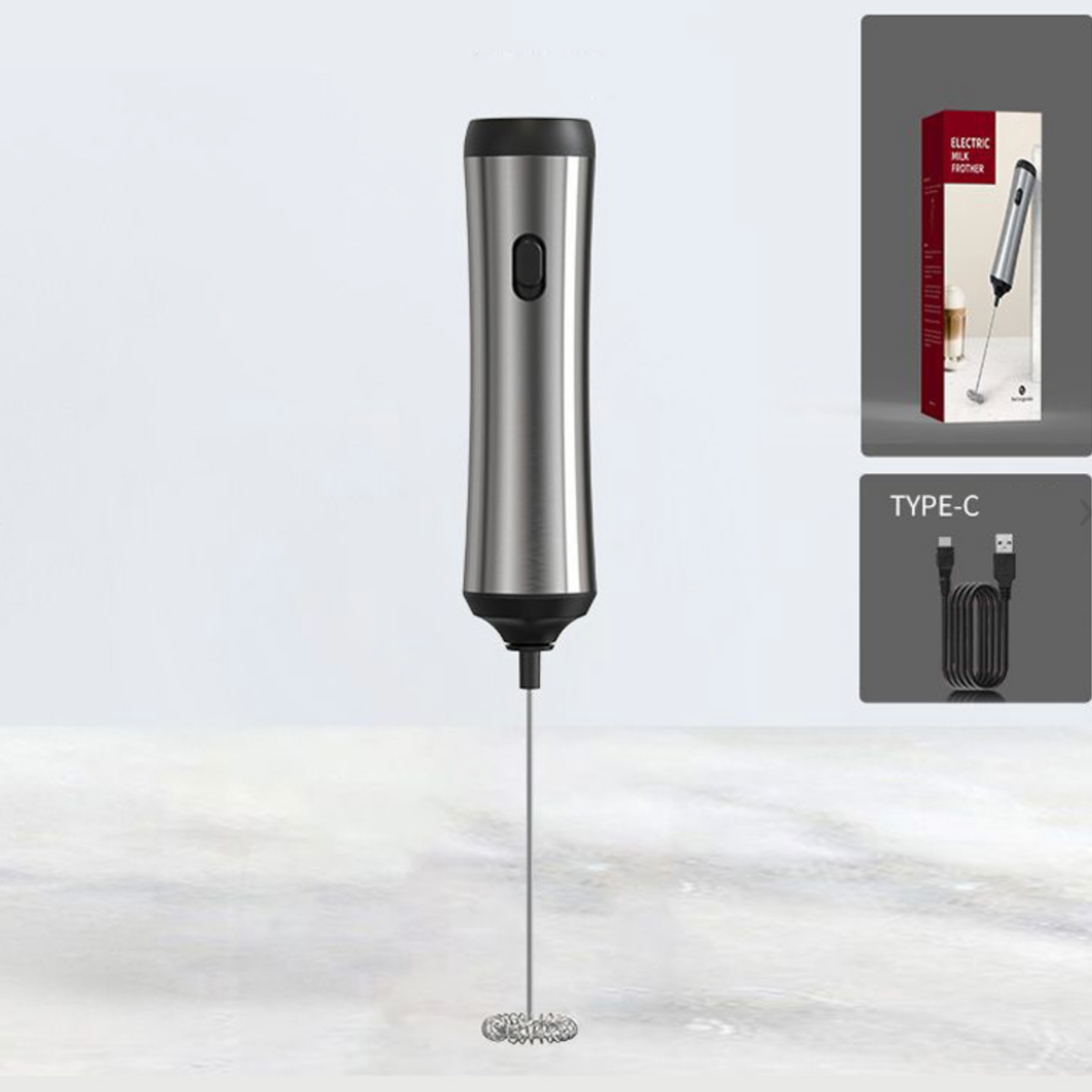 BATIDOR ESPUMADOR PLATEADO RECARGABLE USB TIPO C