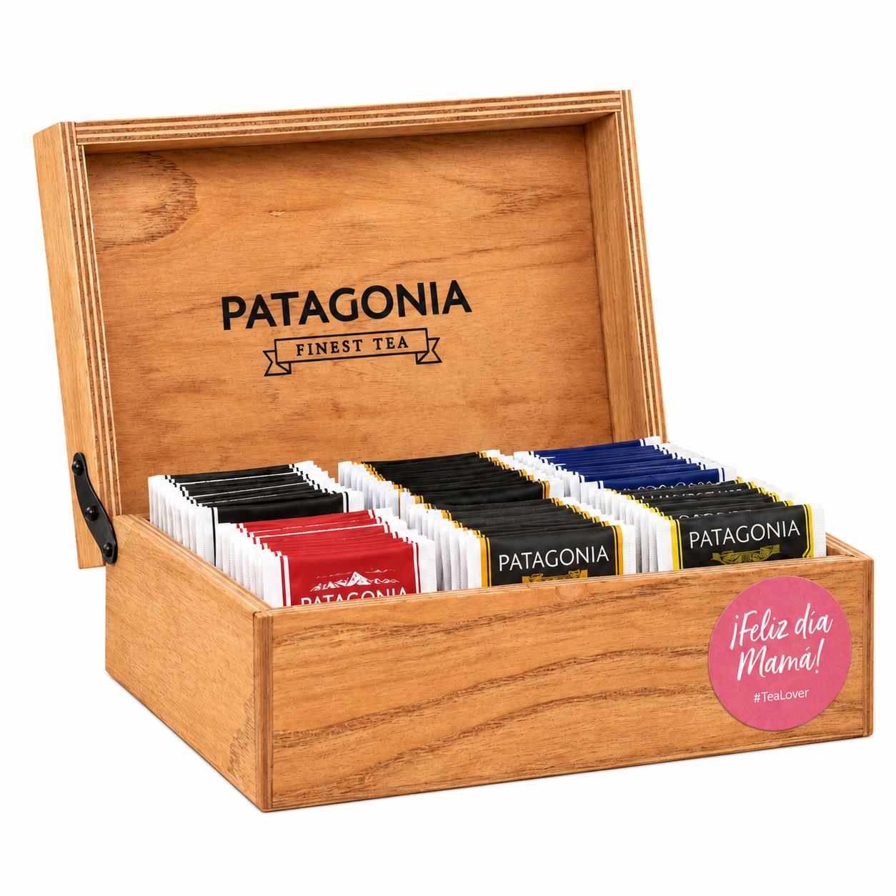 CAJA DE MADERA TRADICIONAL PATAGONIA X 60 SAQUITOS PREMIUM