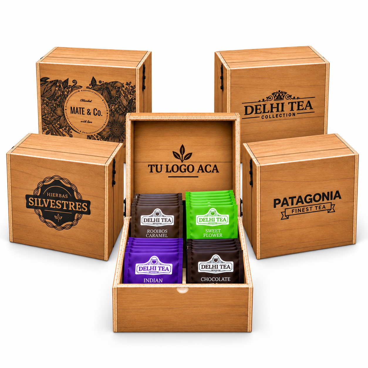 CAJA DE MADERA MINI X 60 SAQUITOS CON TU LOGO