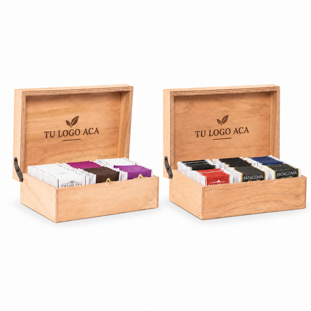 CAJA DE MADERA TRADICIONAL X 60 SAQUITOS CON TU LOGO