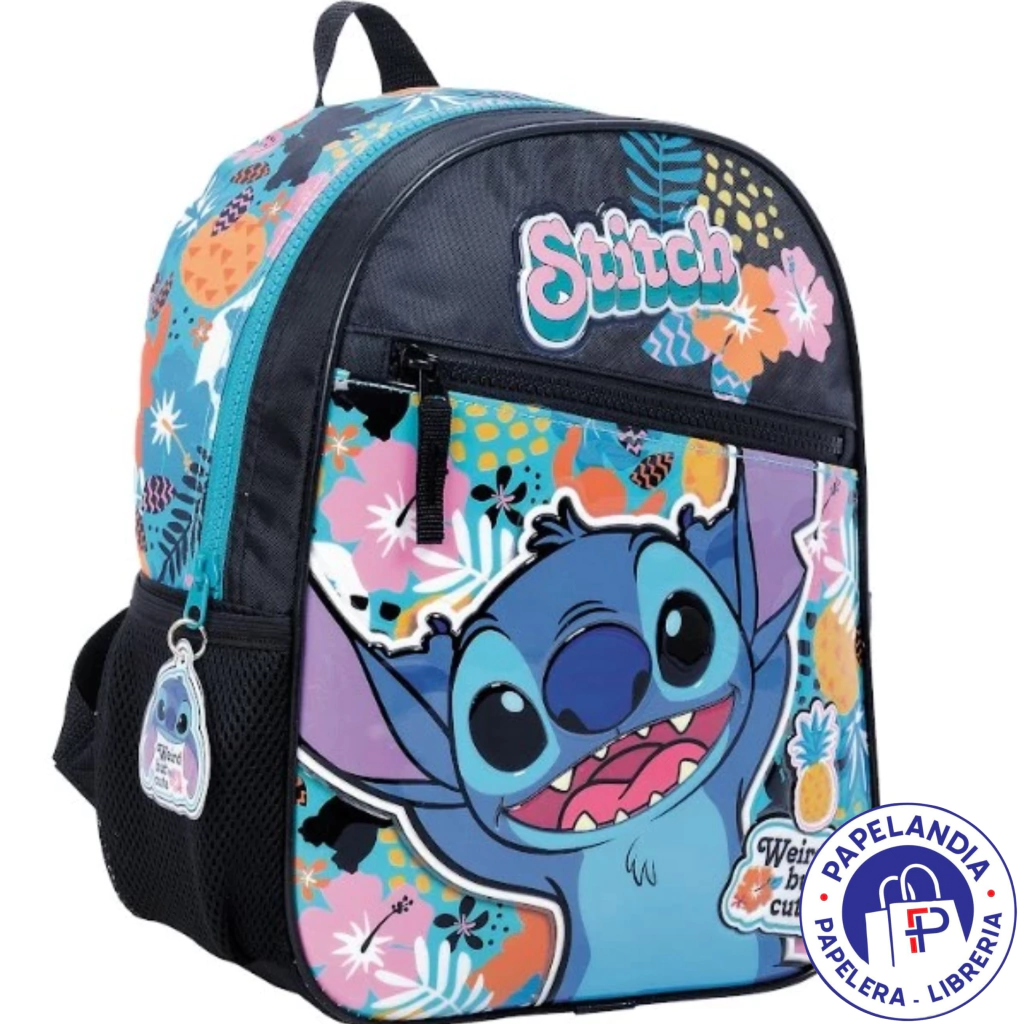 MOCHILA STITCH HAWAI ART 27146 ESPALDA 12" CELESTE Y NEGRO