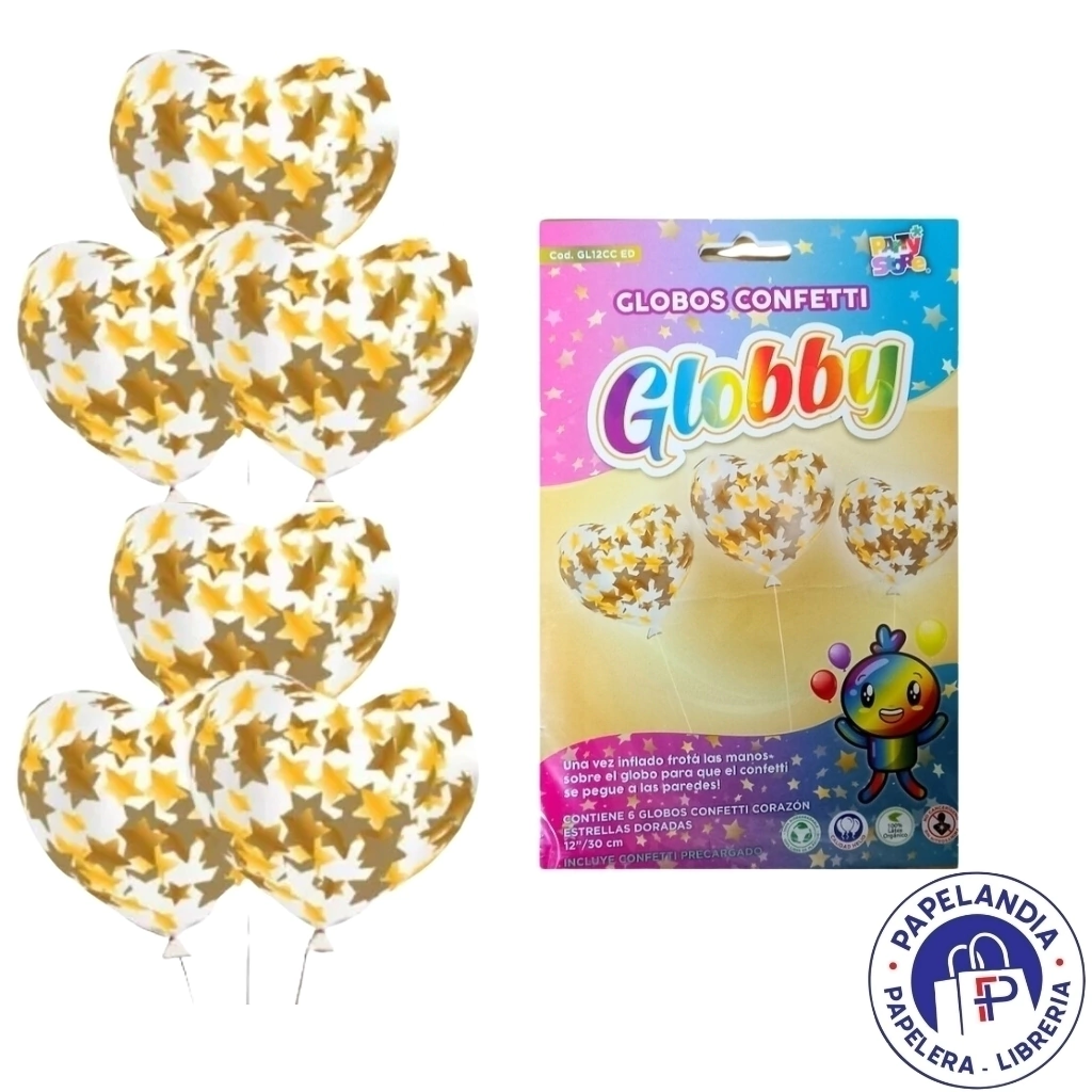 GLOBBY 12" CORAZON C/CONFETTI ESTRELLAS DORADO. - 6 U. GL12CC ED