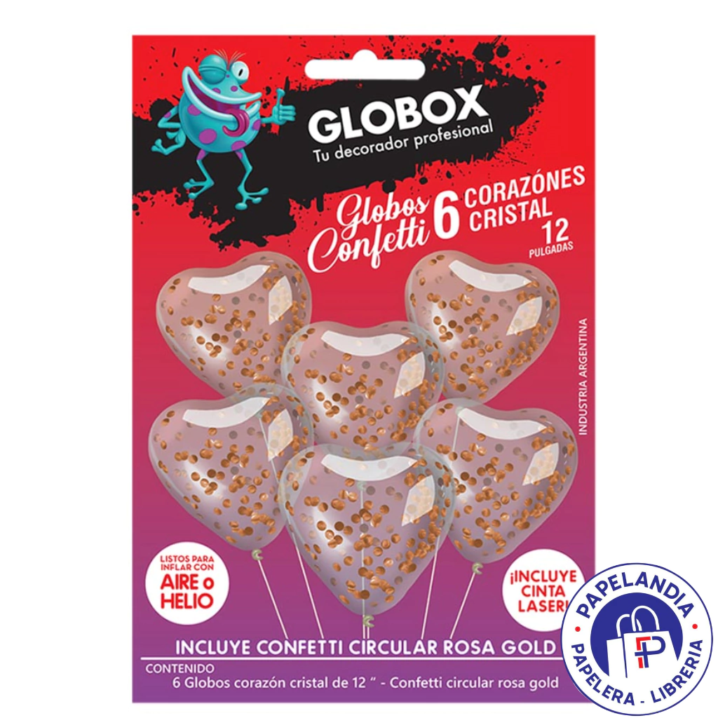 KIT GLOBOS FORMAS GLOBOX CORAZON CRISTAL CON CONFETTI ROSA GOLD X6 (APTO HELIO) 72126