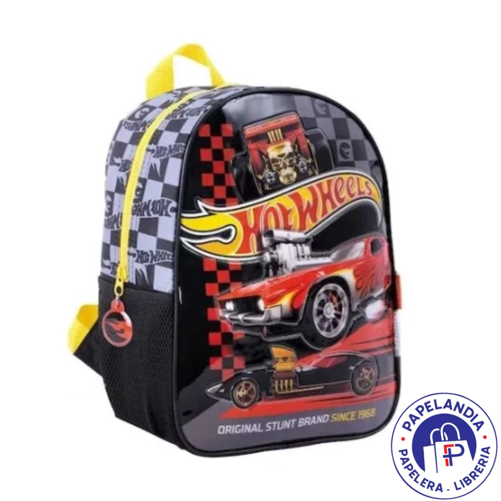 MOCHILA HOT WHEELS RED CARS ART 11621 ESPALDA 12" BASE GRIS Y NEGRO
