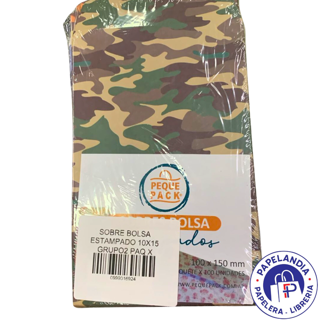 SOBRE BOLSA ESTAMPADO 10X15 (CAMUFLADO BIGOTES PELOTAS) PAQ X 100 (H1)
