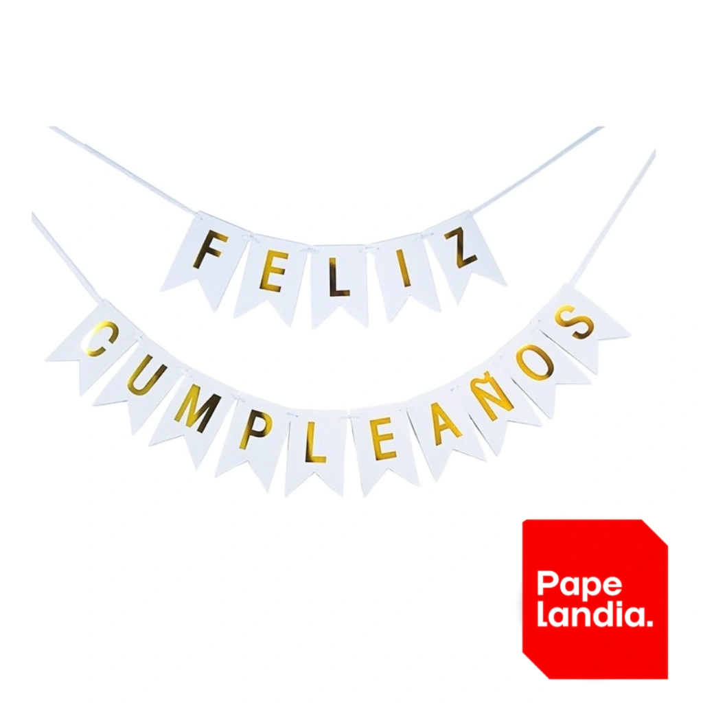 BANDERIN FELIZ CUMPLEAÑOS BLANCO, LETRAS STAMPING DORADO BAFCSBL