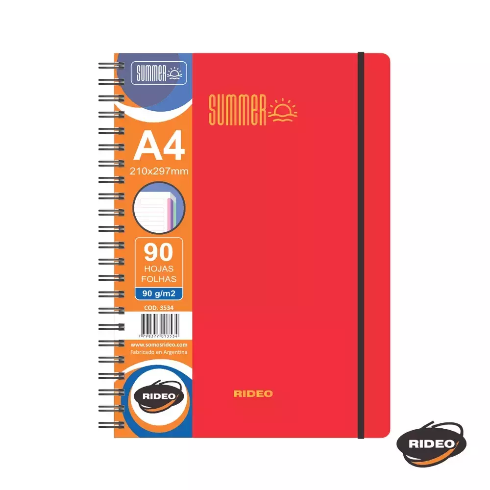 CUADERNO A4 3534 SUMMER C/ELASTICO 90HJS 90GRS = RIDEO ROJO