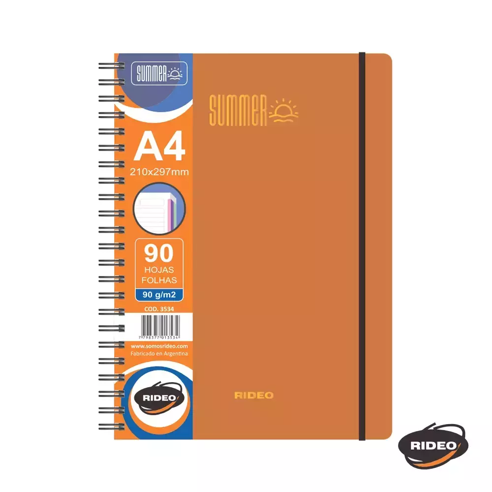CUADERNO A4 3534 SUMMER C/ELASTICO 90HJS 90GRS = RIDEO NARANJA NEON