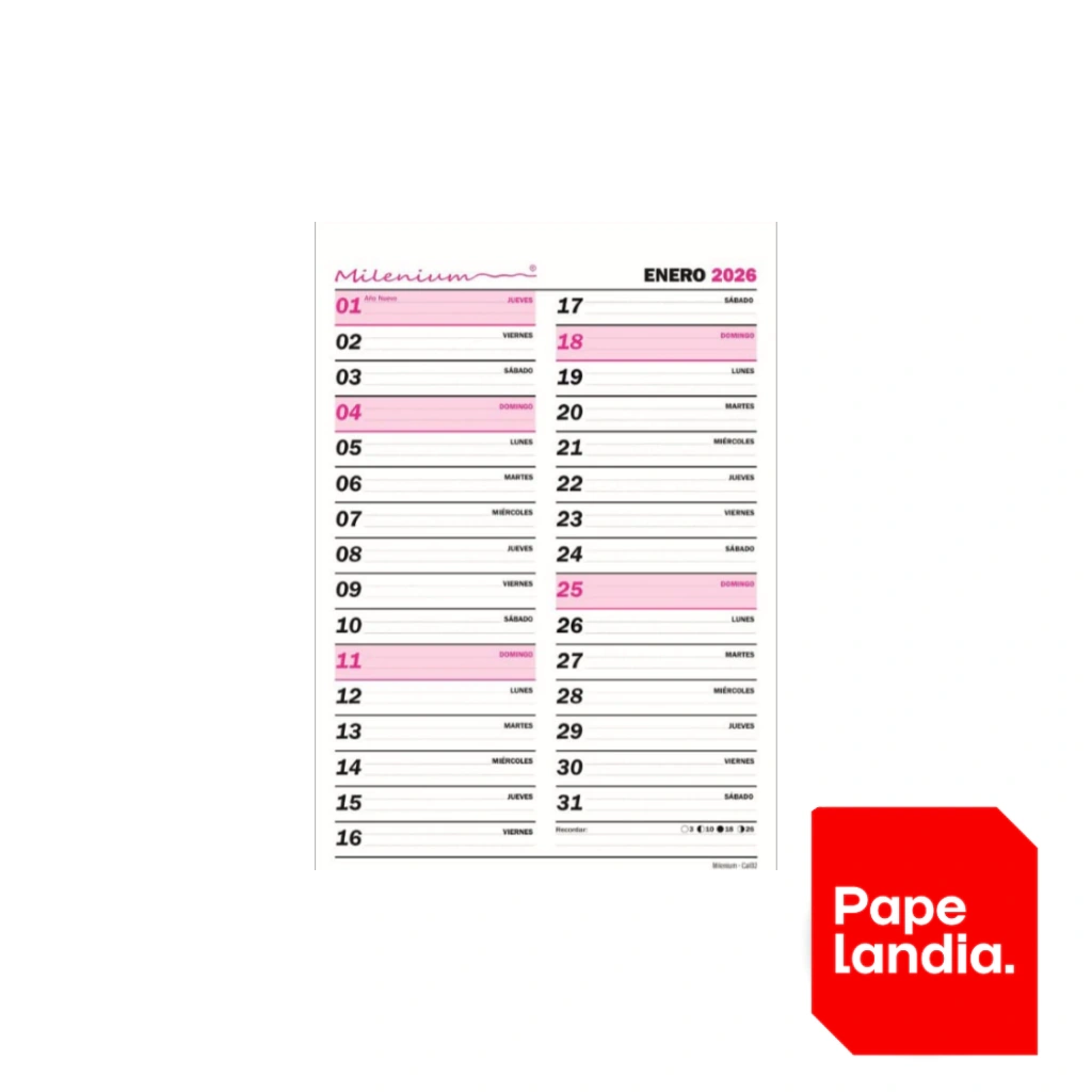 PLANIFICADOR CAL02 MENSUAL VERTICAL 2026. MEDIDA: 32X23