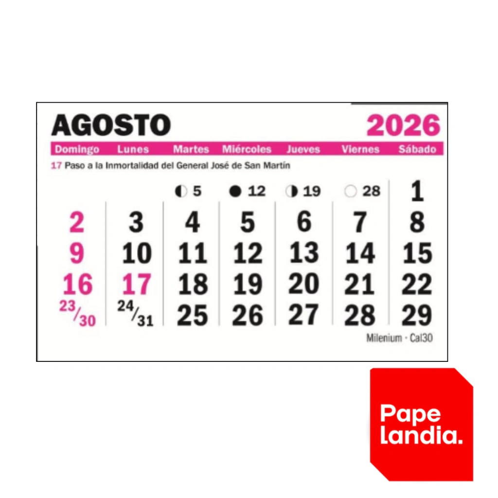 CALENDARIO CAL30 MENSUAL X UNID MEDIDA:21X30 2026