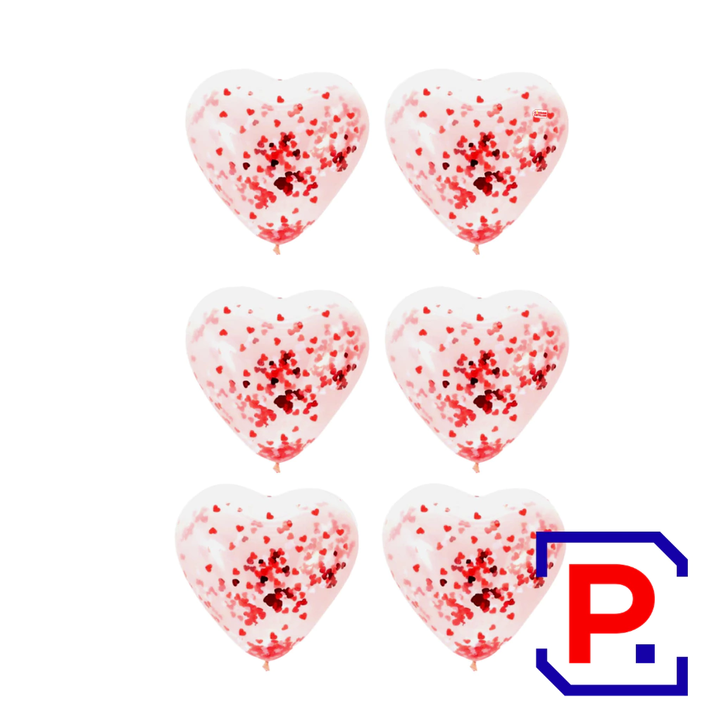 GLOBBY 12" CORAZON C/CONFETTI CORAZON ROJO Y BLANCO X6 UN. GL 12CC CO