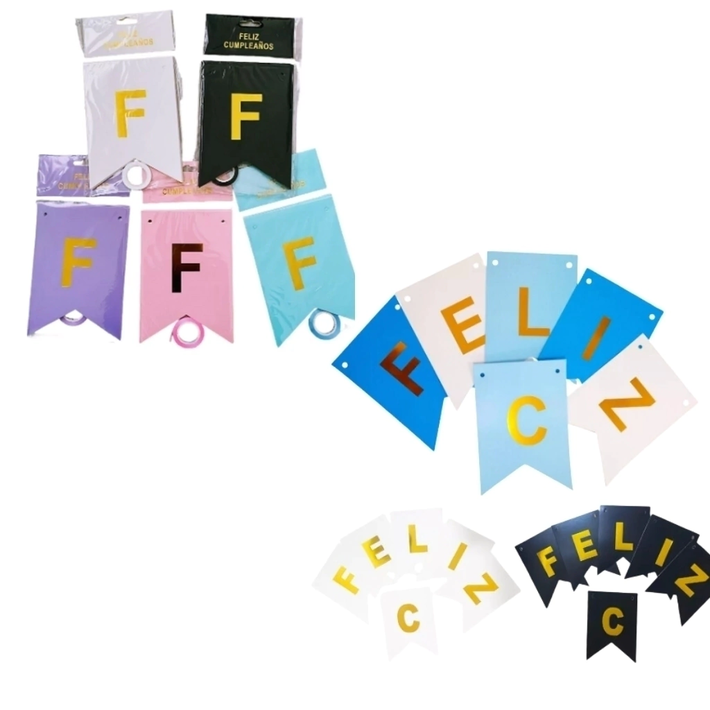 BANDERIN FELIZ CUMPLEAÑOS LETRAS STAMPING FELIZ CUMPLEAÑOS GLITTER NEGRO, LETRAS STAMPING DORADO
