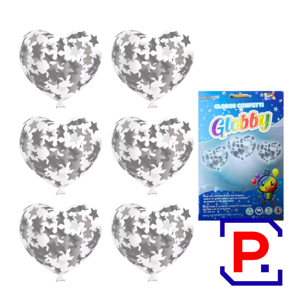 GLOBBY 12" CORAZON C/CONFETTI ESTRELLAS PLATEADAS X6 UN. GL12CC EP