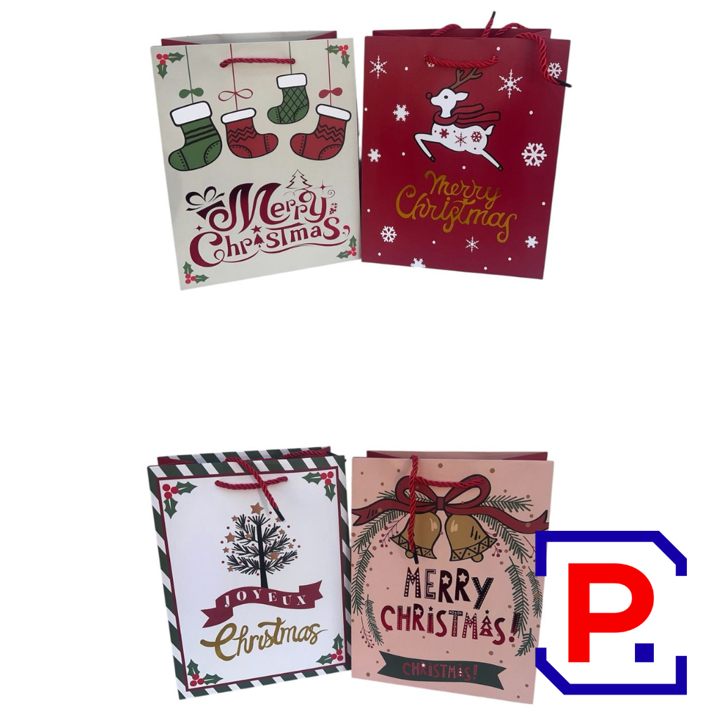 BOLSA NAVIDEÑA CARTON , LETRAS METALIZADASPACK X12 UNID