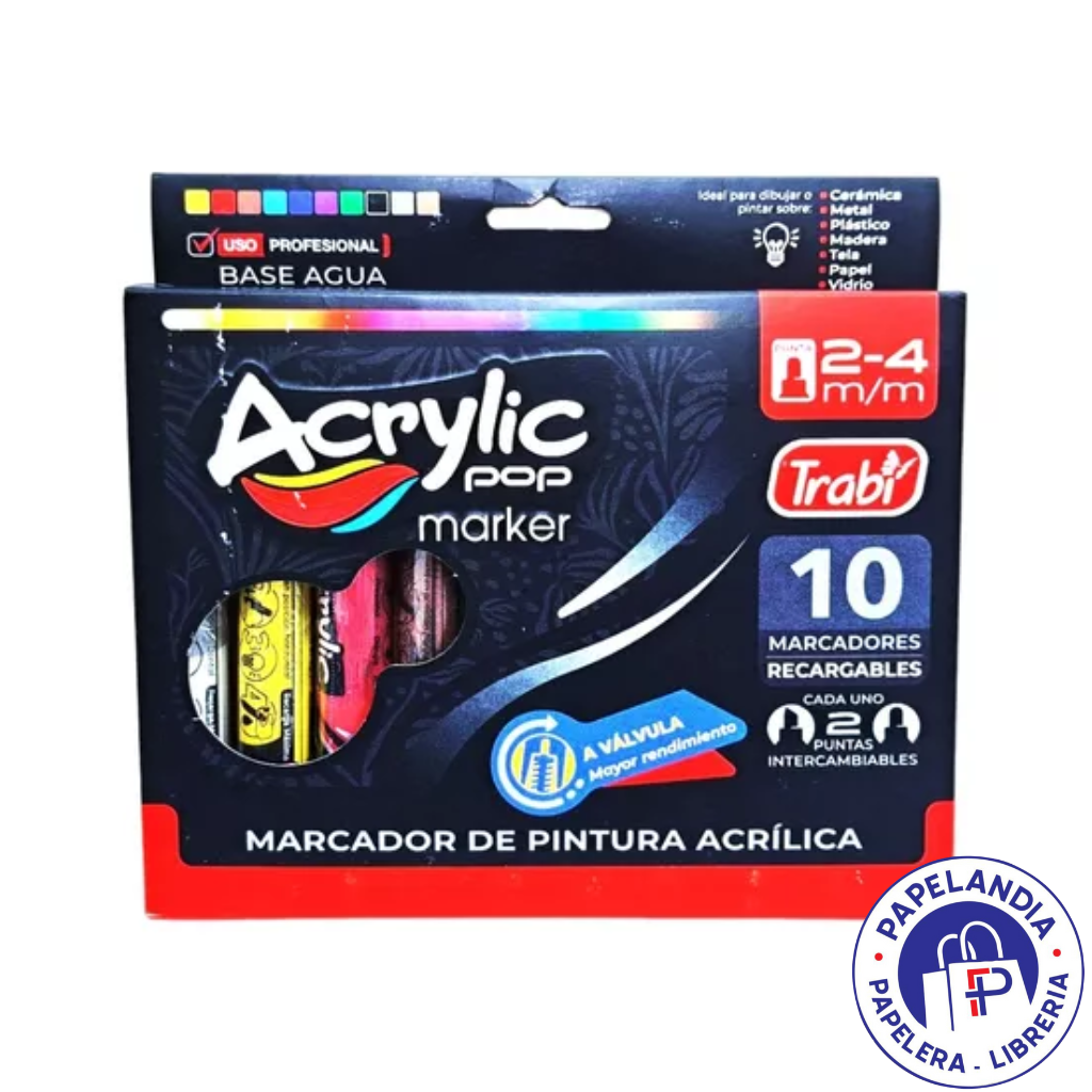 MARCADOR ACRYLIC POP A VALVULA 2-4 MM SURTIDO X 10