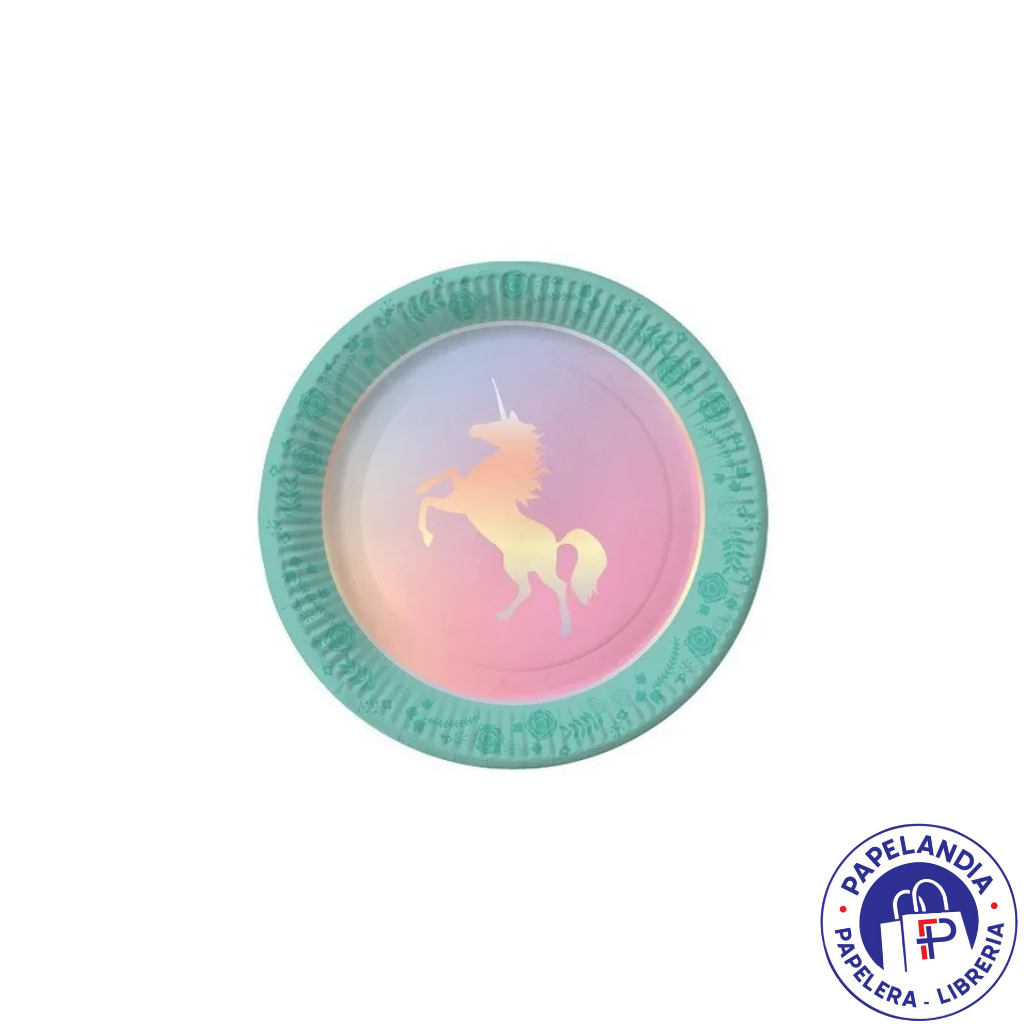 PLATO DE POLIPAPEL 17CM UNICORNIO IRIDISCENTE X6 UN DPC001