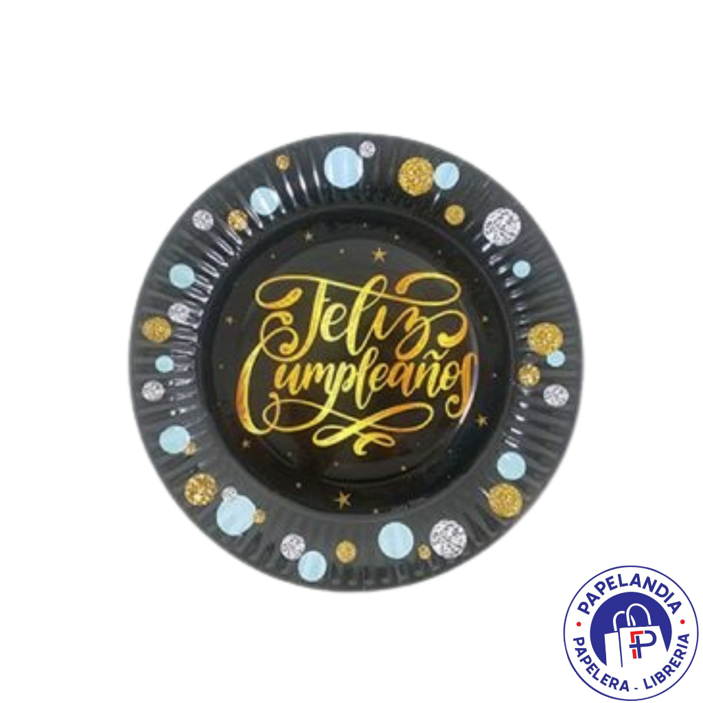 PLATO DE POLIPAPEL FELIZ CUMPLEAÑOS NEGRO CON BURBUJA 17CM X 6 DPC043