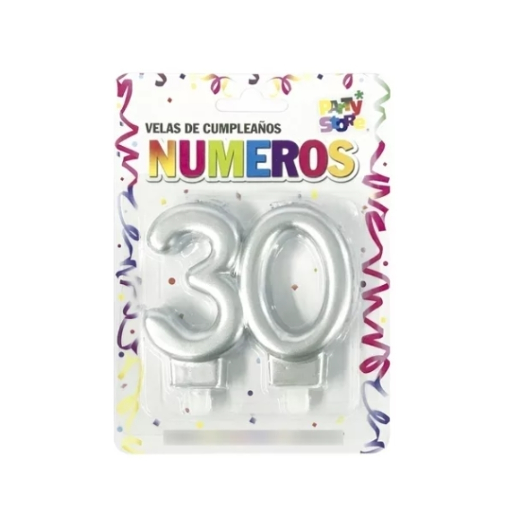 VELA NUMERO DOBLE METALIZADA PLATEADA 30 AÑOS VND30P
