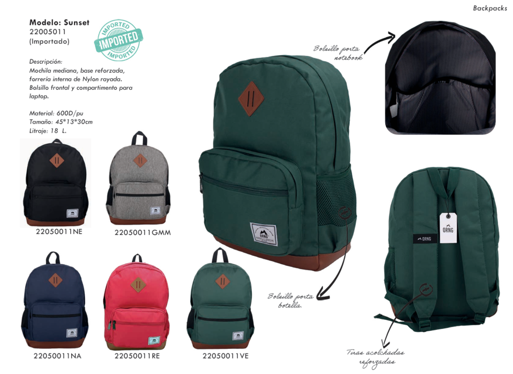 MOCHILA SUNSET BACKPACK NEGRA 45X13X30 CM (18 LITROS)