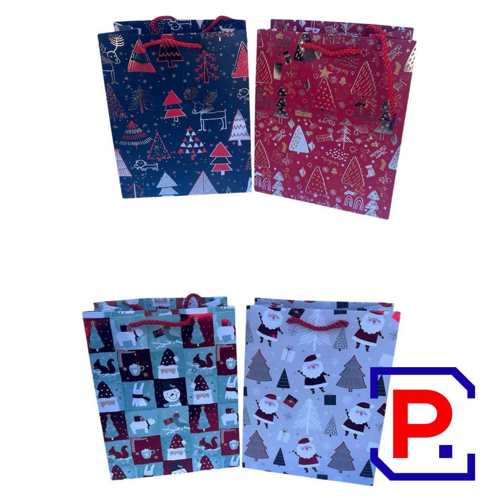 BOLSA NAVIDEÑA CARTON , ESTAMPADO VARIOS 23X18X10CM PACK X12 UNID