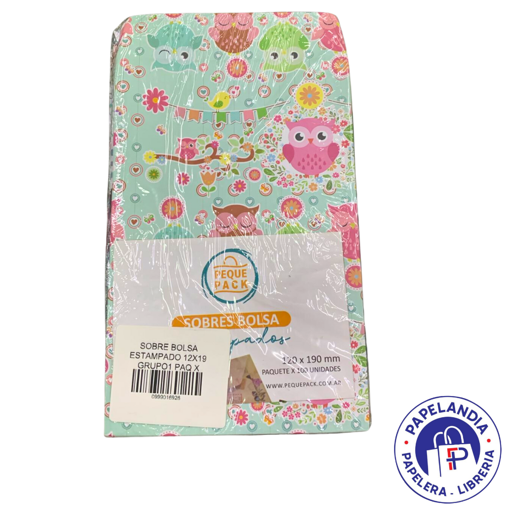 SOBRE BOLSA ESTAMPADO 12X19 (BUHO TUCAN FLAM MARIP) PAQ X 100 (M2)