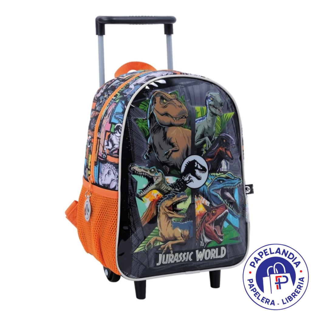 MOCHILA JURASSIC WORLD MULTI DINO ART 77115 CON RUEDAS 12" BOLSILLO NARANJA