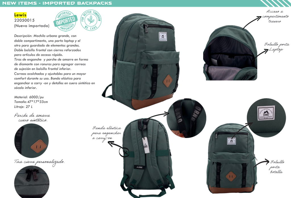 MOCHILA LEWIS VERDE 47X17X33 CM (27 LITROS)