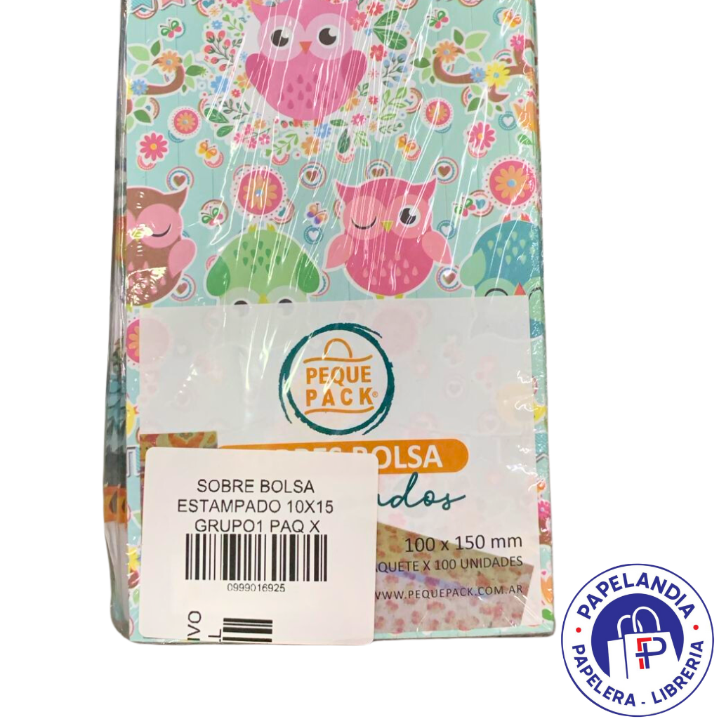 SOBRE BOLSA ESTAMPADO 10X15 (BUHO TUCAN FLAM MARIP) PAQ X 100 (M2)
