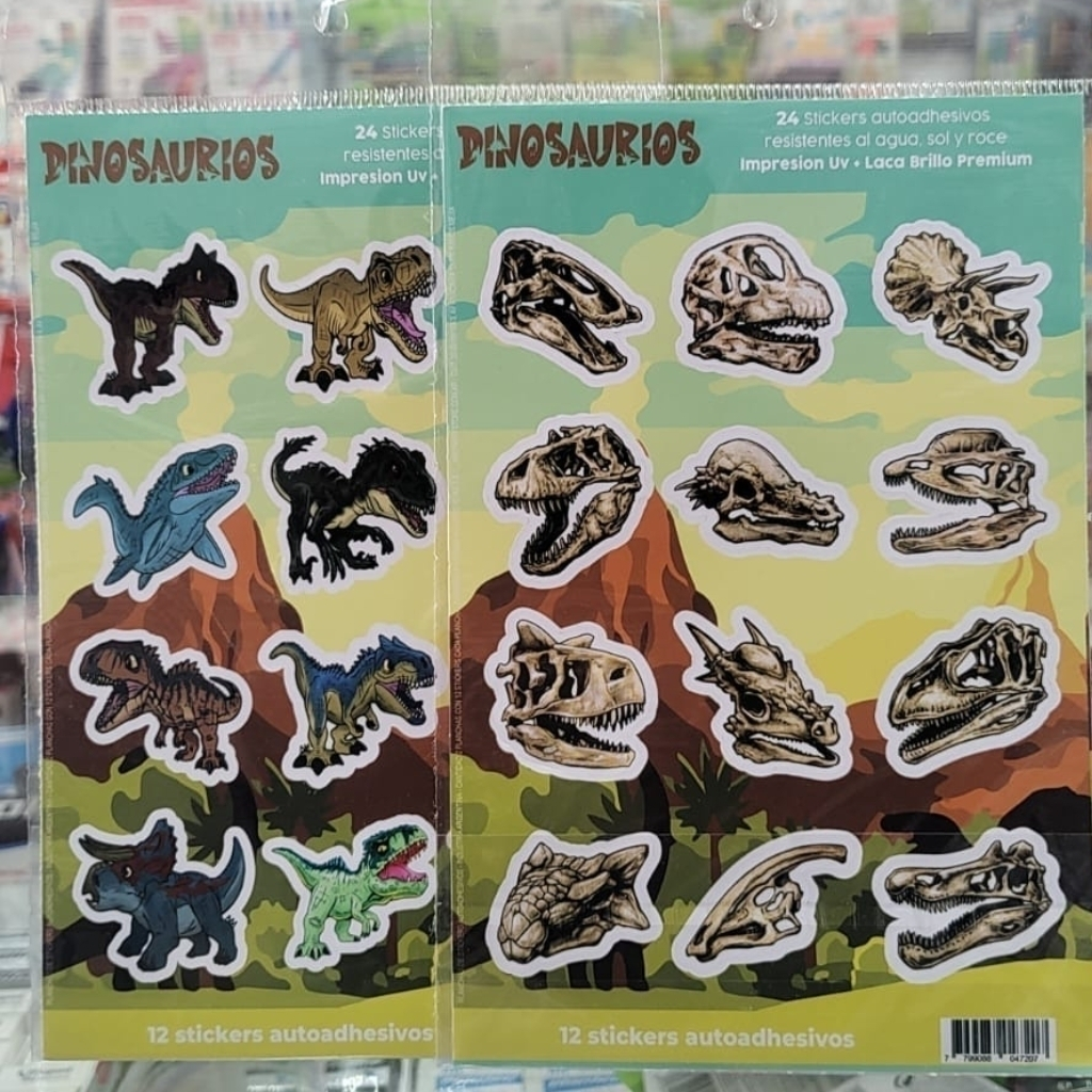 STICKERS CON RELIEVE DINOSAURIOS - 2 PLANCHAS X 12 STICKERS 7799088047207