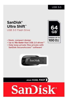 PEN DRIVE SANDISK ULTRA SHIFT 3.0 USB BLACK 64GB