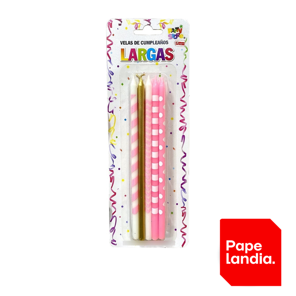 VELAS LARGAS IMPRESAS ROSAS LUNARES, RAYAS Y DORADAS VLIRS BLISTER X 10UN