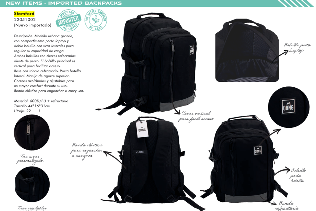 MOCHILA STAMFORD NEGRA 44X16X31 CM (22 LITROS)
