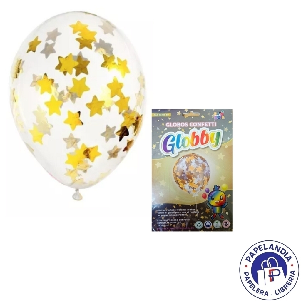 GLOBBY 12" C/CONFETTI REDONDO ESTRELLAS DORADO. - 6 U. GL12CR ED