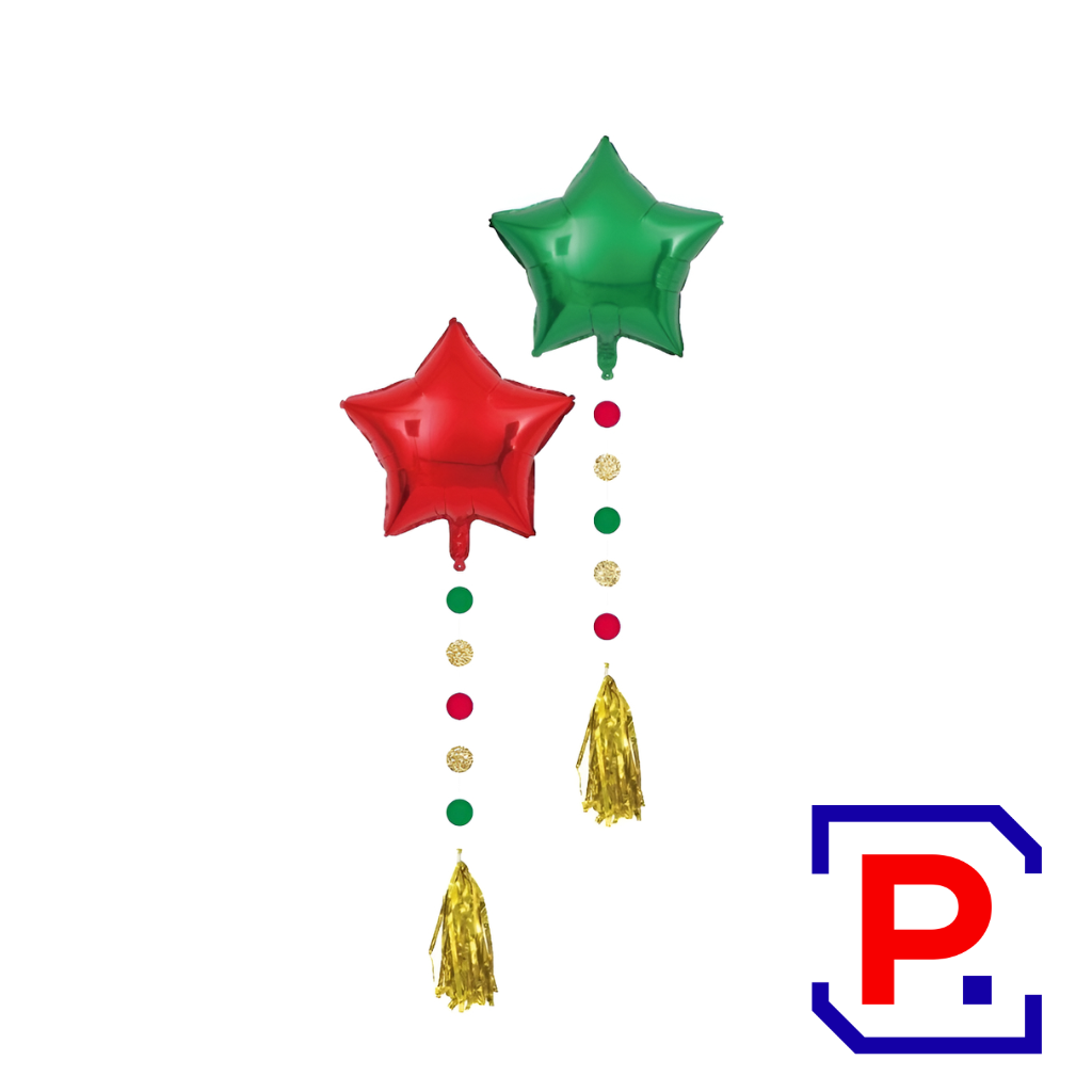 DECO ESTRELLAS ROJA Y VERDE 56CM CON BORLAS X 2 UNIDADES (APTO HELIO) NA37
