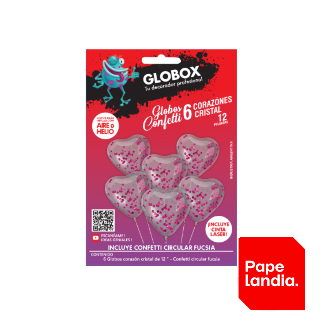 KIT GLOBOS CRISTAL FORMA CORAZON CON CONFETTI FUCSIA (APTO HELIO) GLOBOX X6 71255