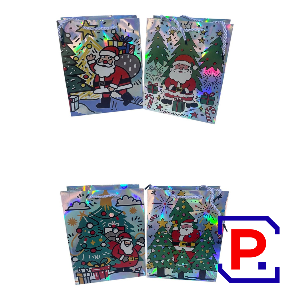 BOLSA NAVIDEÑA HOLOGRAFICAS PAPA NOEL 23X18X10CM PACK X12 UNID