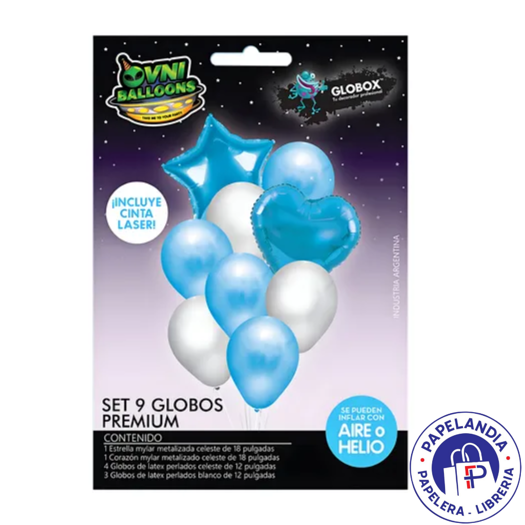 KIT GLOBOS DECO OVNI PREMIUM ESTRELLA/CORAZON CELESTE/BLANCO X9 (APTO HELIO) 72225