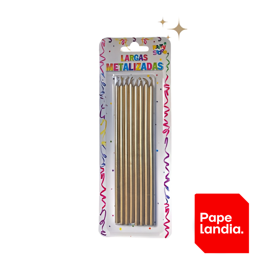 VELAS LARGAS METALIZADAS DORADAS VLMDO - BLISTER X 8 UNIDADES