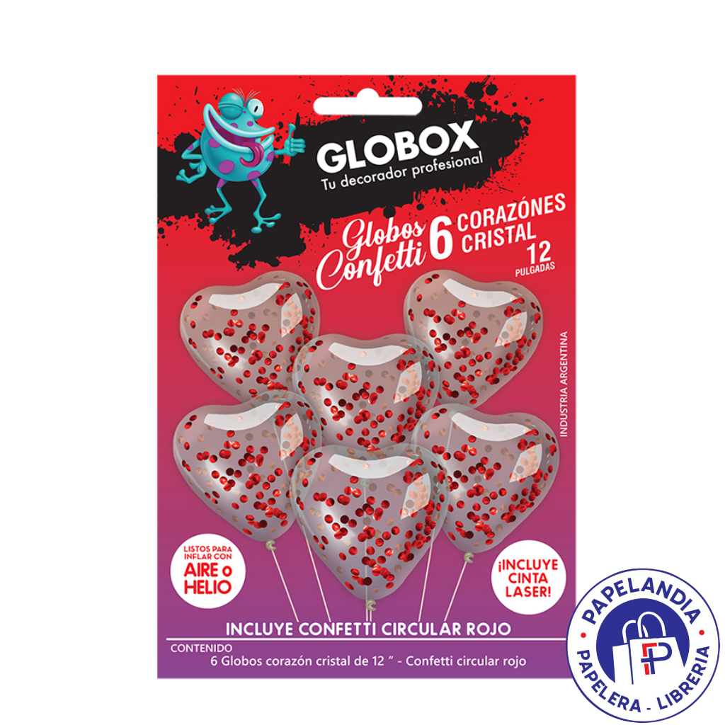 KIT GLOBOS FORMAS GLOBOX CORAZON CRISTAL CON CONFETTI ROJO X6 (APTO HELIO) 72133